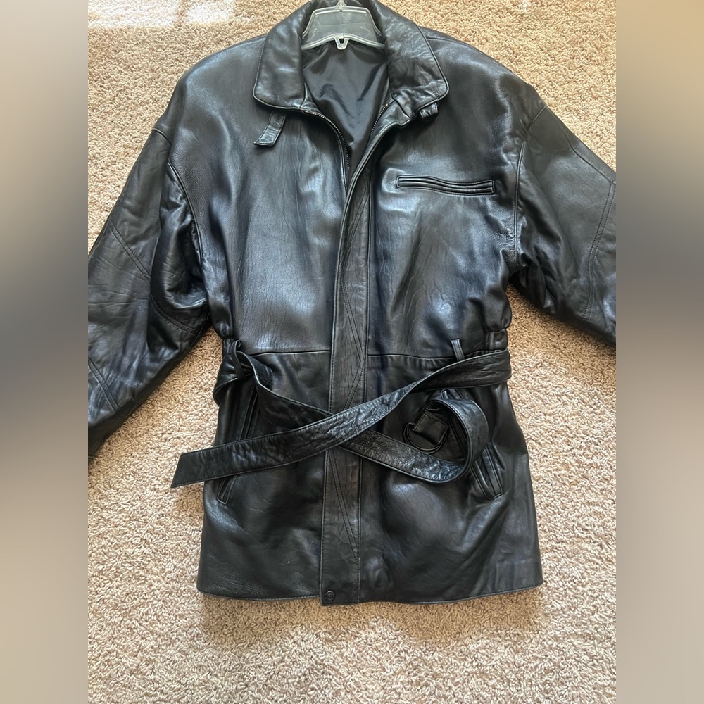 Men's Black Leather Belted Jacket size M